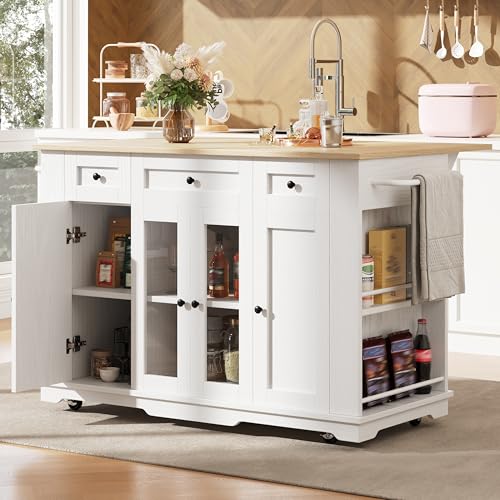 DHHU Desserte Îlot de Cuisine avec Plan Extensible, Meuble de Cuisine avec Rangement, Portes en Verre Trempé, Cloisons Amovibles, Tiroir Anti-Poussière,...