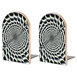 Beech Wood Bookends for Shelves, Spiral Optical Illusion GIF Print Space-Saving Modern Design with Iron Base, Ideal for Office, Home, and Library
