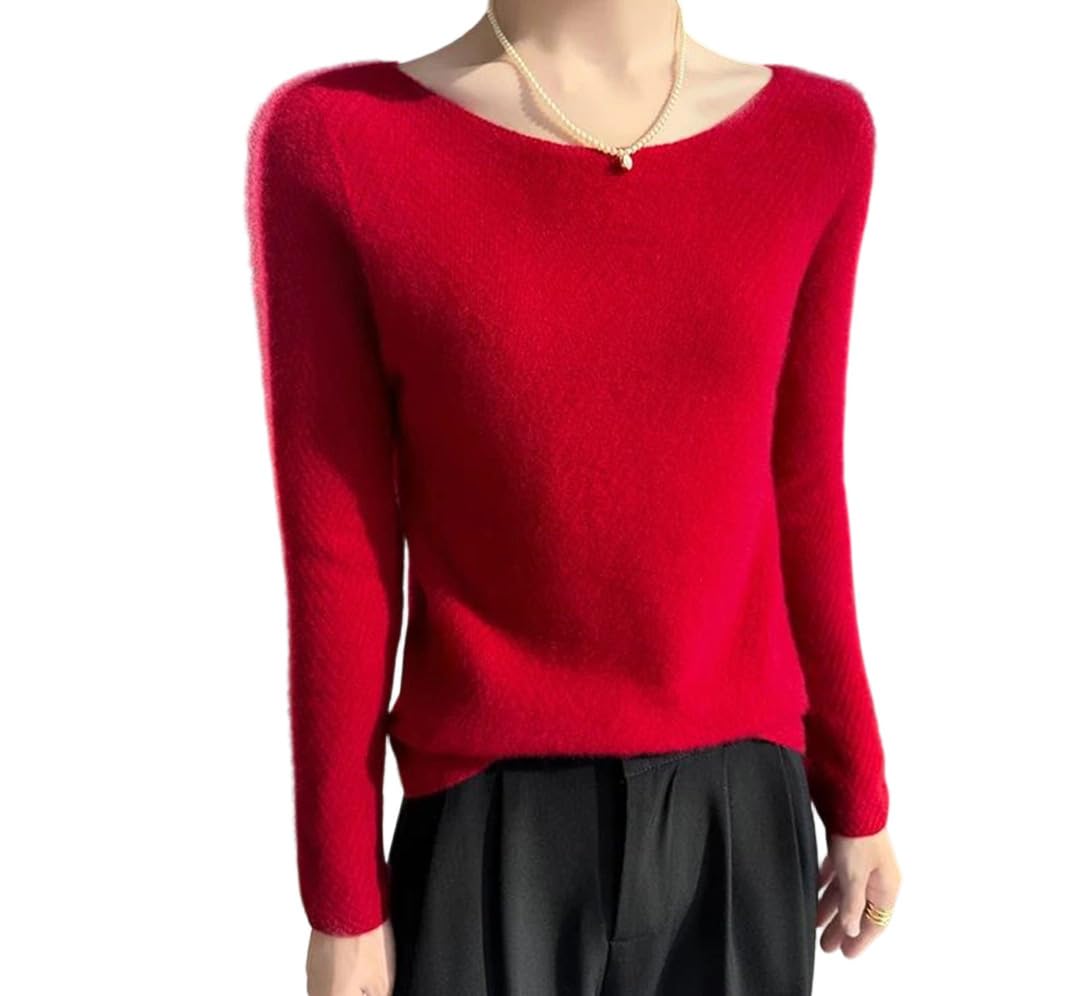 Womens Fashion O-Neck Merino Wool Pullover Long Sleeve Versatile Slim Knitted Sweater