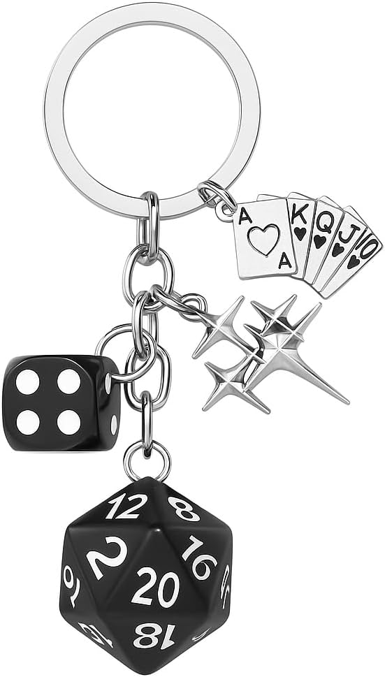 Dice Keychain, with Multi-Sided Dice, Poker Card (A K Q J 10) & Star for Mens Car Keys Charms,Fun Keychains Gifts for Men Board Game, Tabletop & Casino Fans, Bag or Backpack Accessory