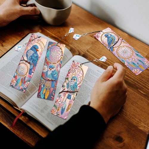 Image of 4 Pcs DIY 5D Diamond Painting Bookmark Kits for Adults, Acrylic Crystal Rhinestones Book Marks, Dreamcatcher Bluebird Diamond Art Bookmarks with Crystal Pendant, Handmade Tassel Bookmarks Gift Set