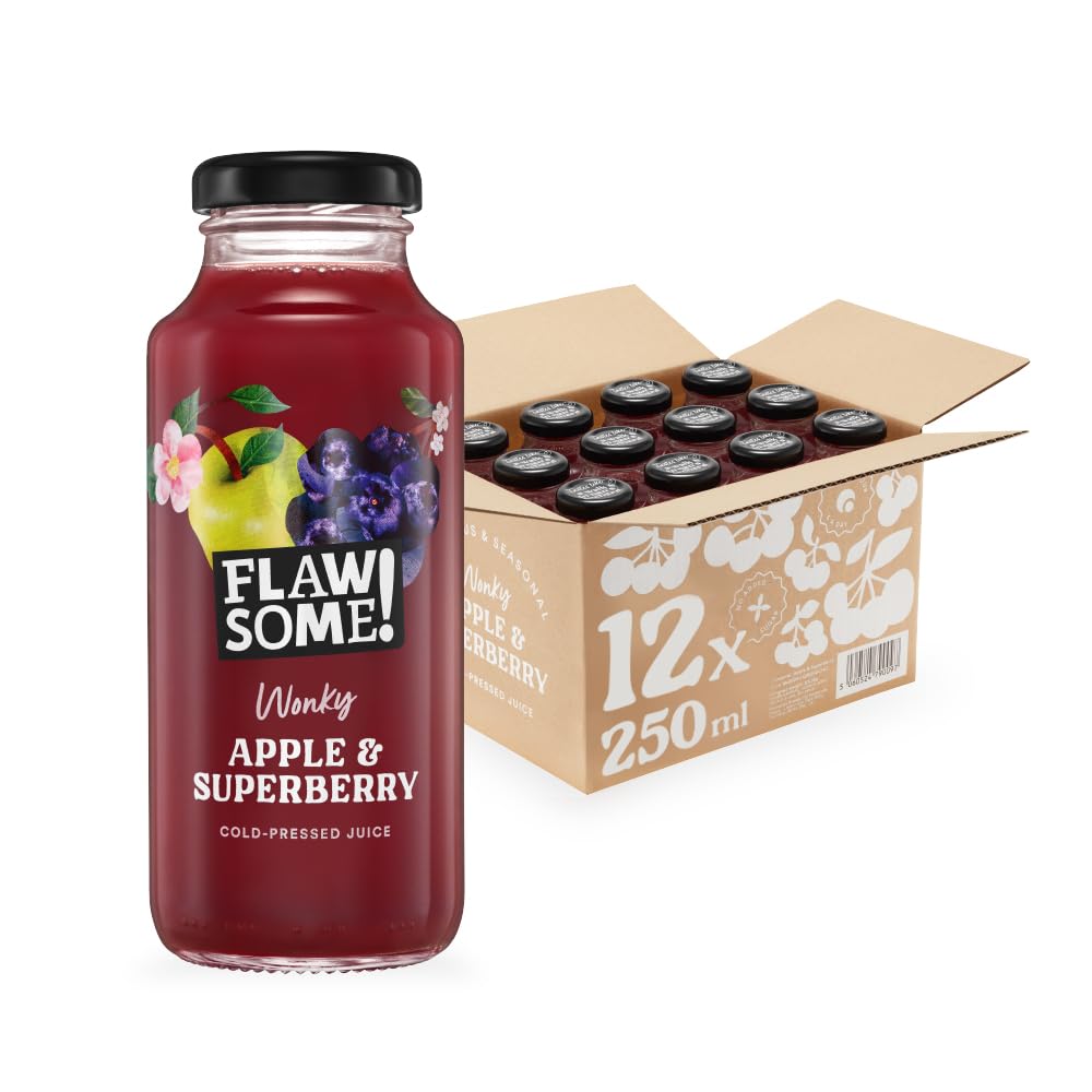 Flawsome! Apple & Superberry 12x250ml - Cold-Pressed Juice - No Added Sugar Pressed Apple & Superberry Juice – 100% Natural Pure Juice with No Sweeteners – Craft Vegan Juice Not from Concentrate