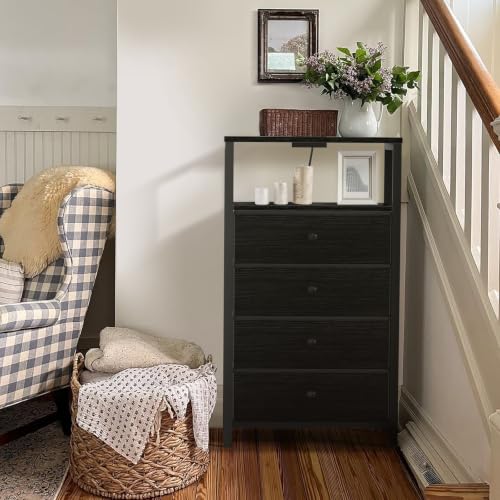 Image of BOLUO Tall Night Stand with Drawers, Black Nightstand with Charging Station and LED Light, Small White 4 Drawer Dresser for Bedroom, Room Storage Closet