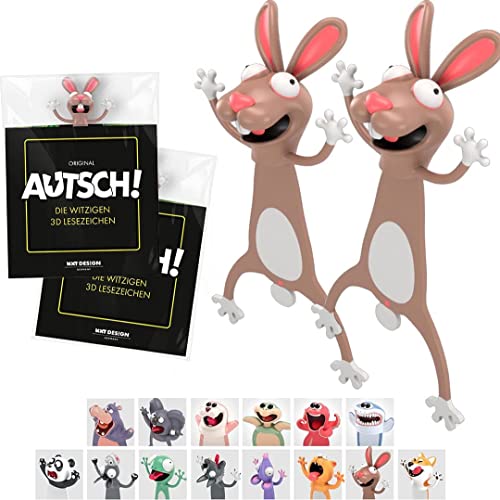 KXT Witzige 3D Lesezeichen - Original AUTSCH! Cartoon Tiere - Lustiges Geschenk für Kinder und Erwachsene (2x Hase/Osterhase)