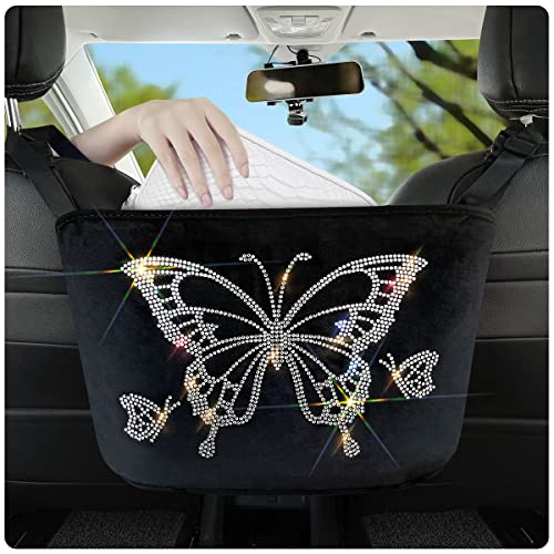 Blinglife Car Purse holder Backseat Organizer Between Seats, Butterfly Diamond Bling Car Net Pocket, White Diamond