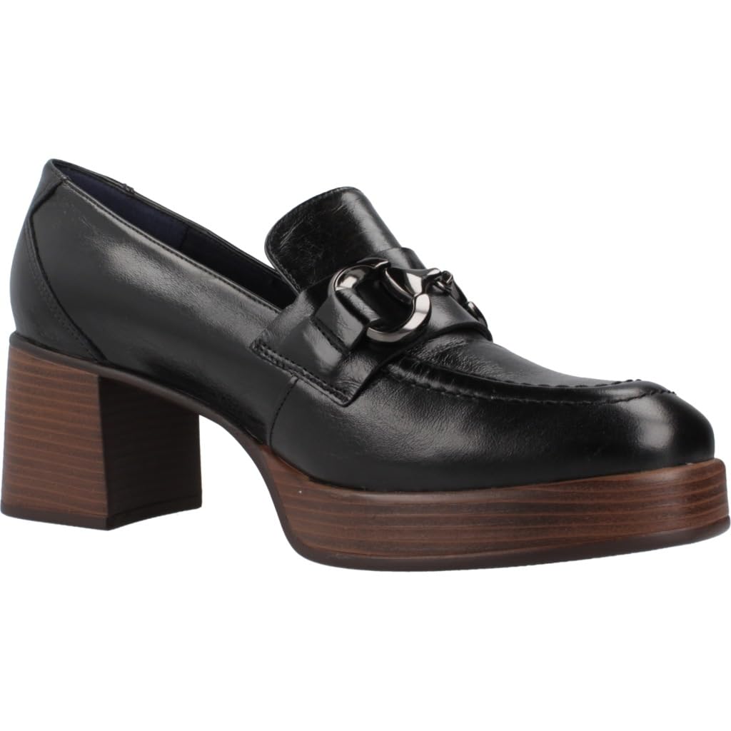 Dorking - Zapato mocasín con tacón Ancho de 7cm,Plataforma de 2cm, de Piel,Adorno Cadena,Negro, para: Mujer