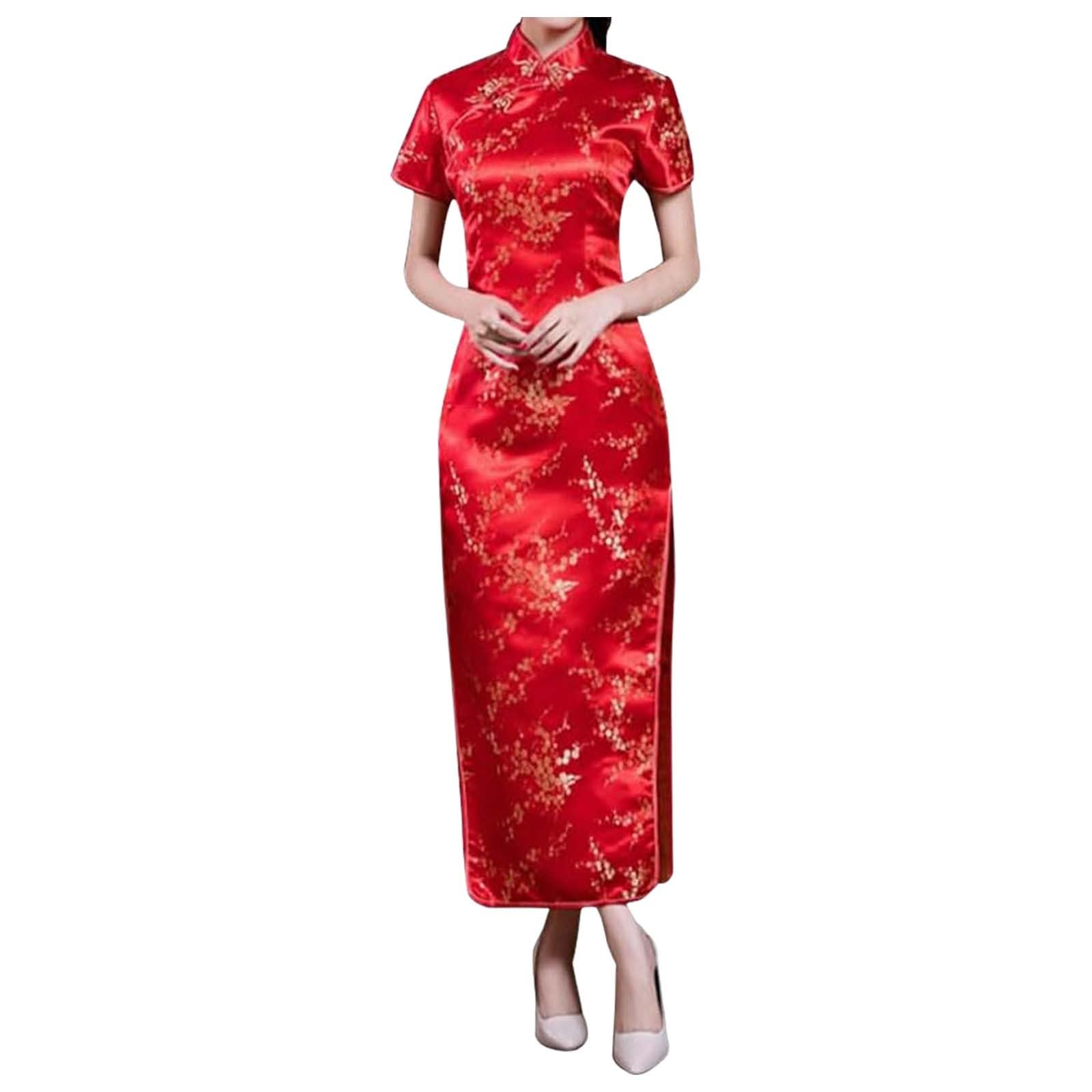 Chinese Cheongsam Dress Embroidered Short Sleeve Long Length Women's Traditional Qipao