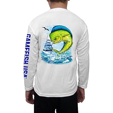 GAMEFISH USA Kid's UPF 50 Long Sleeve Microfiber Moisture Wicking Performance Fishing Shirt Mahi (Extra Large, White) Cover