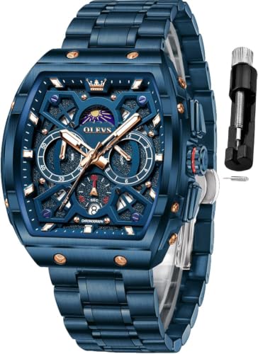 Image of OLEVS Men Watches Business Dress Chronograph Big Square Quartz Analog Male Watch Silicone Strap Waterproof Date Gift Mens Wrsit Watch Silver