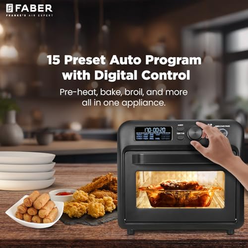 Image of Faber Air Fryer Oven 20L,1500 Watts, Digital Control, Bake Tray, SS Wire Tray & Basket, Crumb Tray, | 15 Preset Auto Program | Bake,Roast,Fry,Toast,Defrost | FAO 20L BK 15DF