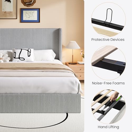 Image of SHA CERLIN King Lift Up Storage Bed Frame, Upholstered Corduroy, Grey