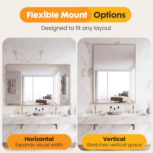 Image of Sweetcrispy Bathroom Mirror for Over Sink, 30 inch x 40 inch Rectangle | Wall Mount Mirrors with Metal Frame, Modern Vanity Mirror with Tempered Glass, for Home Decor, Anti-Rust, Gold