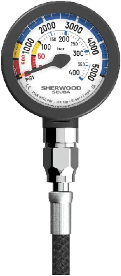 Sherwood Scuba Pressure Gauge with Braided Hose. Gauge dial reads both Imperial (PSI) and Metric (BAR)