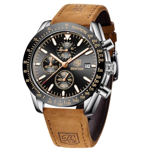 BENYAR Relojes Hombre Cronografo Analógico Movimiento de Cuarzo Impermeable Luminoso Fecha Reloj Pulsera Hombre Banda de Cuero Negocios Casual Diseñador Relojes Elegante Regalo para Hombre