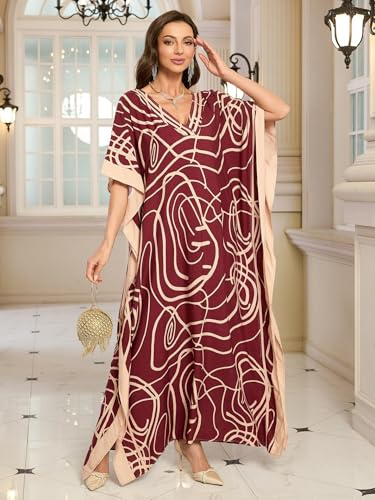 Image of KECVOT Kaftan Dresses for Women V-Neck Print Swimsuit Cover Up Plus Size Beach Caftan Lounge Dress