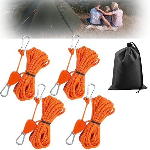 Einstellbare Nylon Outdoor Seil,4 Stück Camping Schnur Sturmband,CHmiss Verstellbarer Seil Ratsche,4mm Reflektierend Abspannseile Seil,Für Zelt Zeltplane Sonnensegel Camping