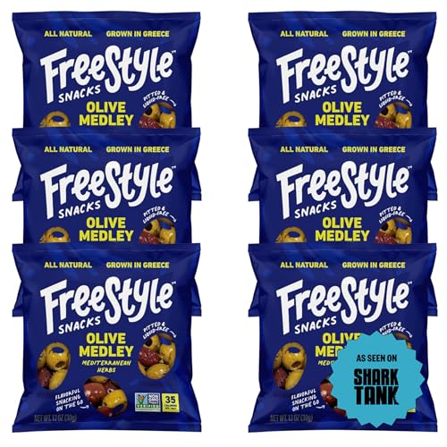 Freestyle Snacks Olive Snack Packs - As Seen on Shark Tank - Single Serve - Fresh Pitted Olives Grown in Greece All Natural Non-GMO Sugar-Free Salty - Mediterranean Herb 1.1oz (6 Pack)