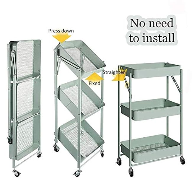 Exquisite Bathroom Shelves Carts,Trolley Folding Office Storage Shelf Folding with Wheels 3-Tier Slide Out Storage Cart with Two Lockable Wheels for Bathroom, Kitchen, Bedroom,White-Xk8bxnSK