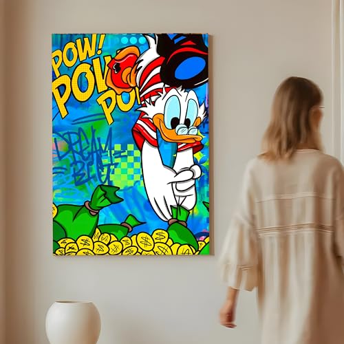 Image of Pop Art Cartoon Duck Money Wall Painting | Comic Graffiti Style Stretched Canvas Art Print| Modern Street Wall Art for Home & Office, 56x86 cm