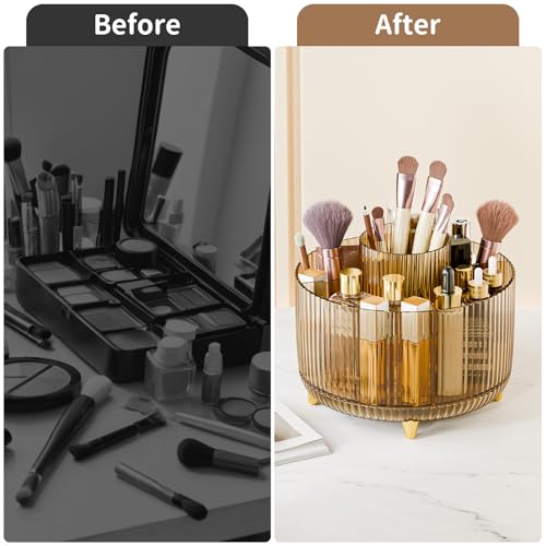 Image of fanado 360 Rotate Makeup Brush Holder Organizer, Makeup Organizers Countertop, Makeup organization and Skincare Storage for Vanity, Desktop, Bathroom (Clear Amber)