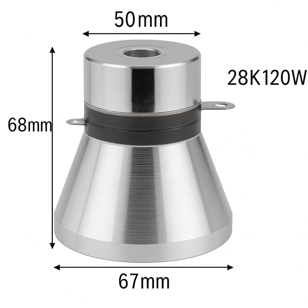 TS-67-28K. Trasduttore a Ultrasuoni 120W – 28 kHz con Perno M8 – Elevatissima Potenza e Capacità 9600 pF. Ideale per Olio, Sporco Ostinato, Materiali Viscosi – Ø67mm in Acciaio.
