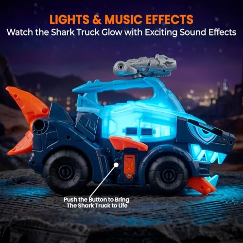 Image of WireScorts Big Hauler Mechanical Shark Truck Transporter Toy with Dart Launcher and 4 Mini Cars, Big Hauler Truck with Light & Sound for Boys & Girls 3+ Years