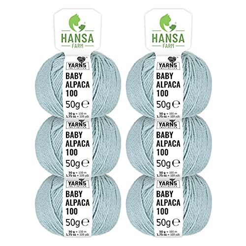 HANSA-FARM 100% Laine d’alpaga (bebé) dans 50+ Couleurs (ne Gratte Pas) - Kit de 300g (6 x 50g) - Laine Baby alpaga pour Tricot & Crochet dans 6 épaisseurs de Fil de Bleu Clair Cover