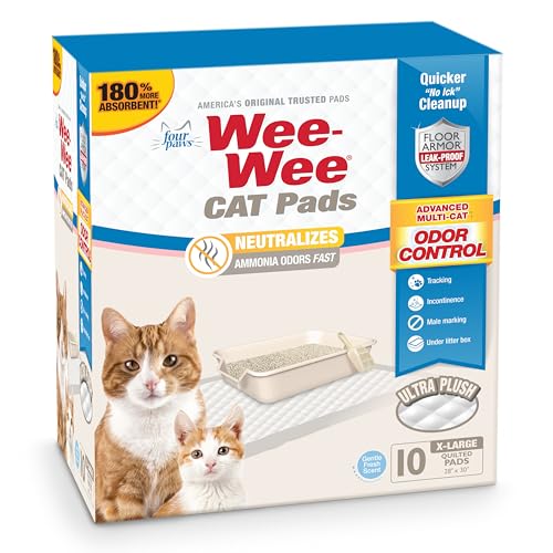 Image of Four Paws Wee-Wee Cat Pee Pads, Disposable Litter Box Mats, Advanced Odor Control, Fast Absorption Box Pee Pads for Litter Tracking, 28 inch x 30 inch, Fresh Scent, 10 Count