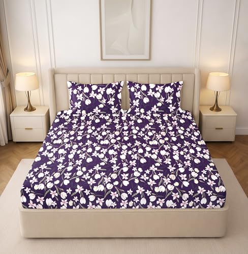 Image of RD TREND Premium Soft Cloud Cotton Floral Bedsheet for Double Bed | Size-90x90 Inches Queen Bedsheets with 2 Matching Pillow Covers (18x28 Inch) Plum Purple