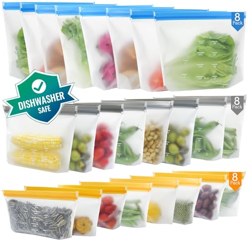 24 Pack bolsas silicona reutilizables, Bolsas de almacenamiento de silicona reutilizables Verticales,bolsa de silicona reutilizable para almacenar verduras de Cocina,Frutas, aperitivos y Sandwich