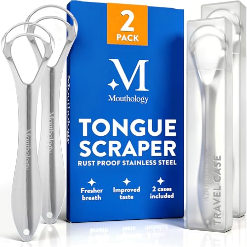 BASIC CONCEPTS Tongue Scraper for Adults (2 Pack), Reduce Bad Breath (Travel Cases Included), Stainless Steel Tongue Cleaners, 100% Metal Tongue Scraper with Case Fresh Breath Tongue Cleaner Oral