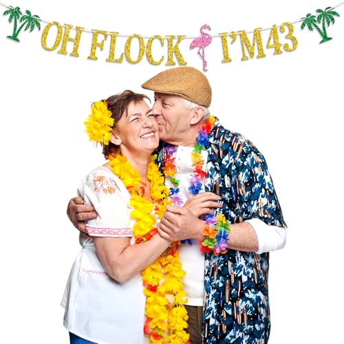 Image of Oh Flock I'm 43 Banner, Glitter Happy 43rd Birthday Anniversary Party Decorations, Pineapple Party Decor, Hawaiian Luau Tropical Aloha 43 Theme Party Photo Props