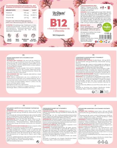 Vitamin B12 hochdosiert (180 Kapseln) aktiver 3-fach B12 Komplex mit Kofaktoren Folsäure, Vitamin B6 und Chlorella I B12 Vitamin Alternative zu Vitamin B12 Tropfen und Tabletten