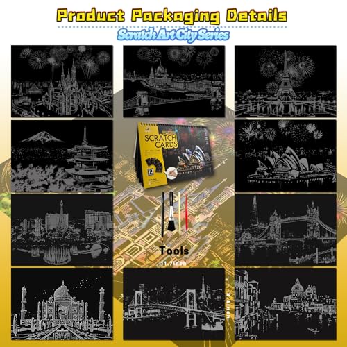 SiYear Kratzkunst-Malpapier-Set für Erwachsene und Kinder, Sehenswürdigkeit, Stadtserie, Nachtszene, Kratzbrett, kreatives Geschenk, DIY-Foliengravur, Basteln mit 4 Werkzeugen (City-A4-10er-Pack)