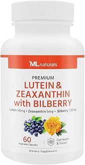 ML Naturals Premium Lutein & Zeaxanthin with Bilberry 60 Vegetable Capsules. Lutein 40 mg, Zeaxanthin 5 mg, and Bilberry 100 mg. Healthy Eyes & Vision, NSF-Certified & cGMP-Compliant Facility