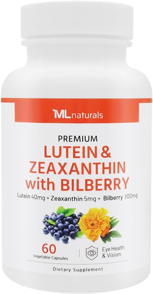 ML Naturals Premium Lutein & Zeaxanthin with Bilberry 60 Vegetable Capsules. Lutein 40 mg, Zeaxanthin 5 mg, and Bilberry 100 mg. Premium Quality. Healthy Eyes & Vision, Third-Party Lab Tested