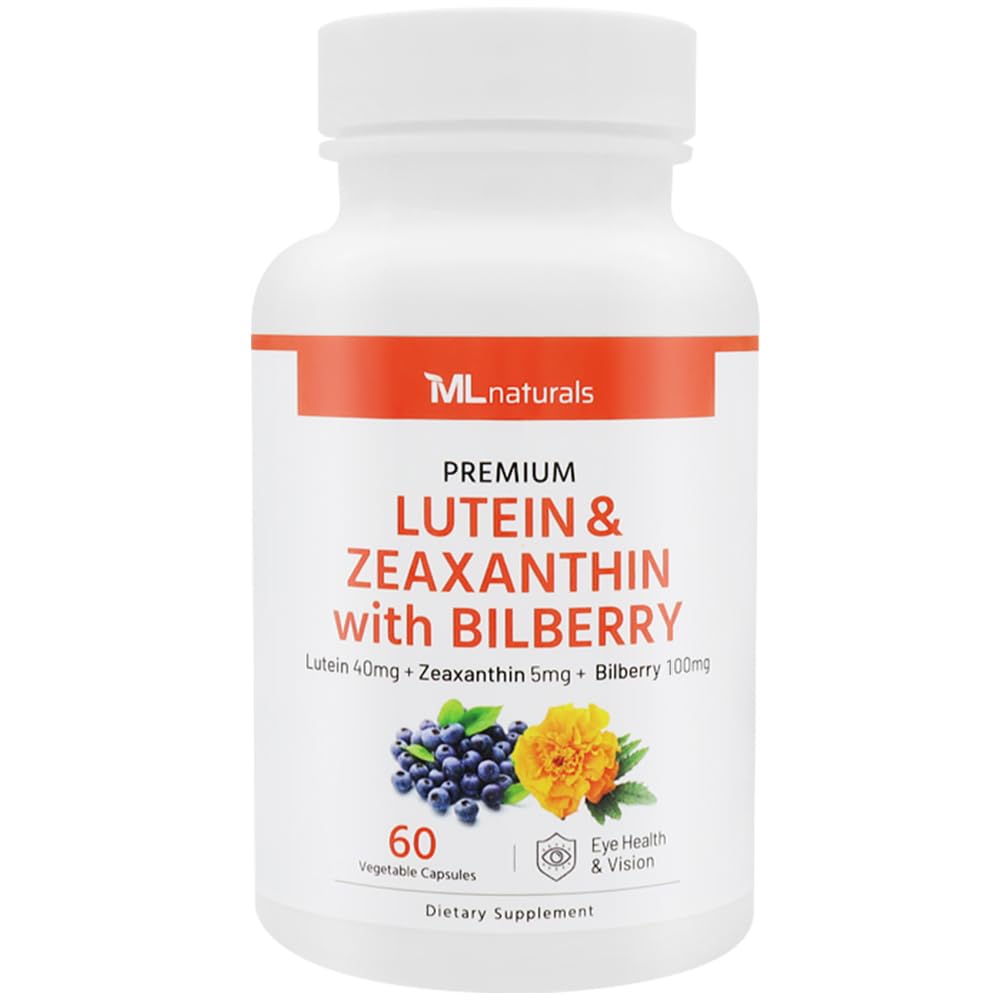 ML Naturals Premium Lutein & Zeaxanthin with Bilberry 60 Vegetable Capsules. Lutein 40 mg, Zeaxanthin 5 mg, and Bilberry 100 mg. Healthy Eyes & Vision, NSF-Certified & cGMP-Compliant Facility