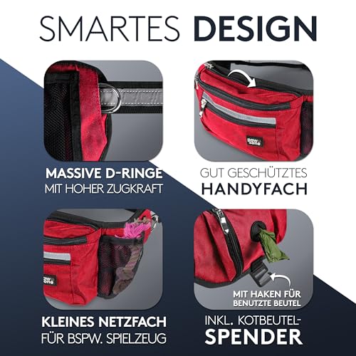 PAWZONE Futterbeutel Hunde - Leckerlibeutel für Hunde - Bauchtasche für Hunde Zubehör - Leckerlitasche für Hunde - Inkl. Reflektorband & Zusatzgurt für Flexileine (Feuerrot)