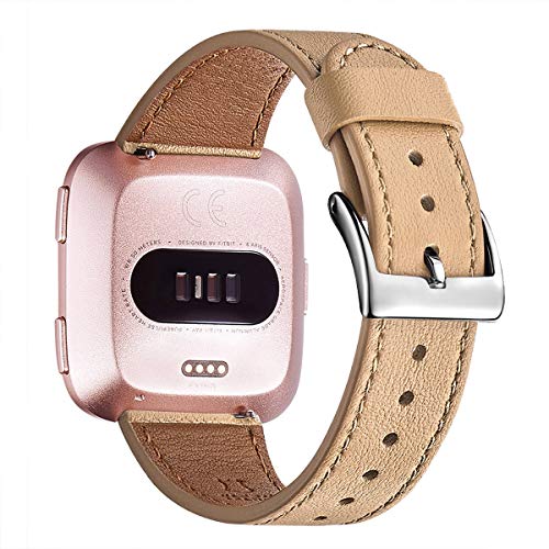 Wfeagl For Fitbit Versa Bands, Top Grain Leather Band Replacement Strap For Fitbit Versa/Versa 2 /Versa Lite/Versa Se Fitness Smart Watch (Camel Band+Silver Buckle) #TOP18
