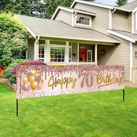 Excelloon 70th Birthday Banner Decorations for Women, Pink Rose Gold Happy 70 Birthday Yard Banner Party Supplies, 70 Year Old Bday Background Sign for Outdoor Indoor Cover