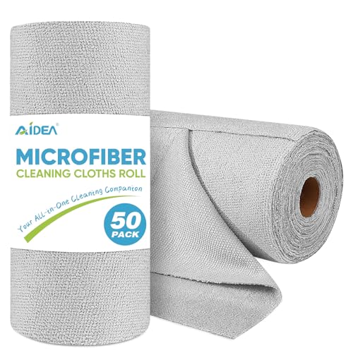 AIDEA Microfiber Cleaning Cloth Roll, 50PK, Paper Towels Reusable Grey Tear Away Towels, Washable Shop Rags, Microfiber Towels for Cars, Lint Free Rags for House, Kitchen, Window,11.5