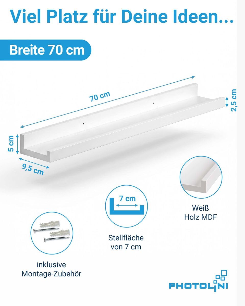 PHOTOLINI Juego de 2 estantes para Cuadros de MDF Blanco de 70 cm Incl. Material de Montaje | Tablero de galería | Tablero de estantería | Estante de Pared | Tablero para Cuadros