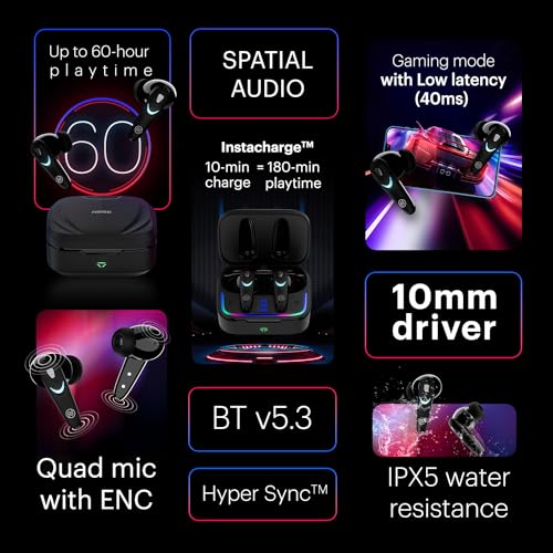 Image of Noise Buds Combat X in Ear Truly Wireless Gaming Earbuds with 40Ms Low Latency, 60H of Playtime, Spatial Audio, RGB Lights,Instacharge(10 Min=180 Min),10Mm Driver,Bt V5.3(Black)