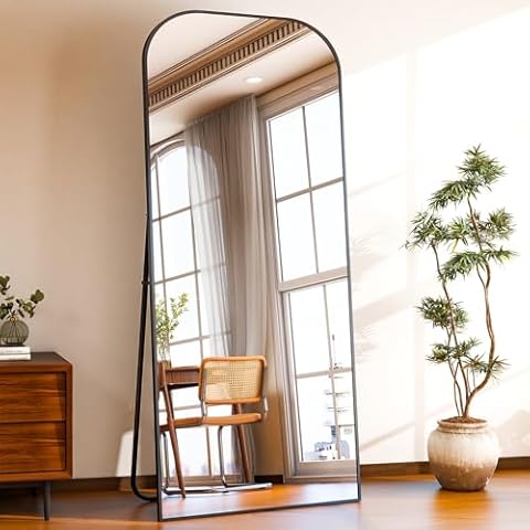 HARRITPURE 71"x26" Full Length Mirror Full Body Mirror Top Rounded Corner Aluminum Frame Hanging or Leaning Wall Floor Mirror with Stand for Living Room Bedroom Cloakroom,Black Cover