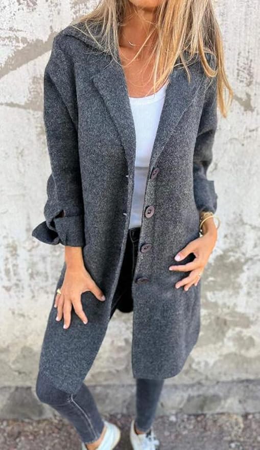 Women's Solid Color Cardigan Long Coats Casual Button Winter Jackets for Women Trench Coat with Pockets2
