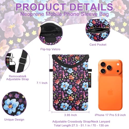 Image of POVESTE Neoprene Cell Phone Sleeve Pouch Case Bag with Crossbody Strap Lanyard for Women, Flap Closure Secure Cell Phone Bag with Pocket for Cards, Cash. (Purple Garden)