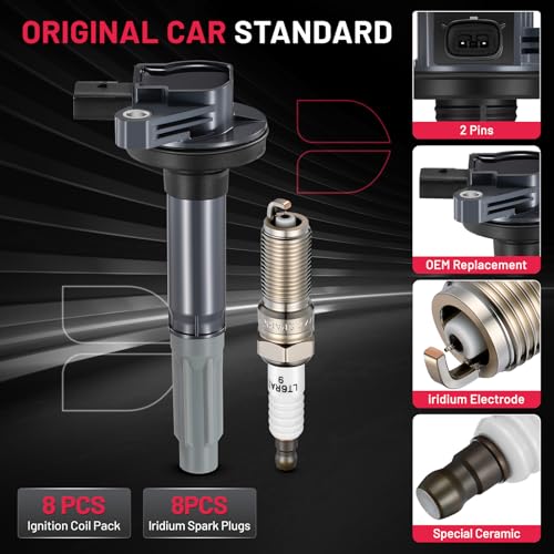 Image of BDFHYK Ignition Coil Pack UF622 and Iridium Spark Plugs SP548 Compatible with Ford F150 2011-2016 Mustang 2011-2015 5.0L V8 Ford Oem Coil Pack Coil for F-150 DG542 522197 LTR6AHX 91276 Set of 8