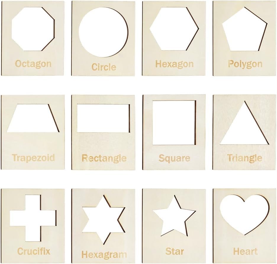 Haoser 12 Pcs Wooden Geometry Shape Stencils – MDF Templates for Chalk Painting, Unfinished Wood Cutouts, Acrylic Painting, DIY Crafts & School Projects (4.7 x 4 Inch)