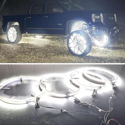 Image of 4PCS 17 inch Ultra-Bright Double Side Triple Row 7840 Pure White Wheel Lights for Truck Car,APP & RF Remote Control Wheel Weel Ring Rim Lighting kit with Strobe Blink Modes,Waterproof IP68,12V