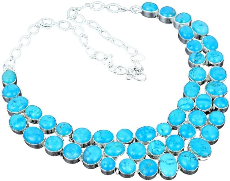 Handmade Turquoise Round Bezel Cluster Necklace in 925 Sterling Silver | Boho Statement Gemstone Collar | Gift for Women